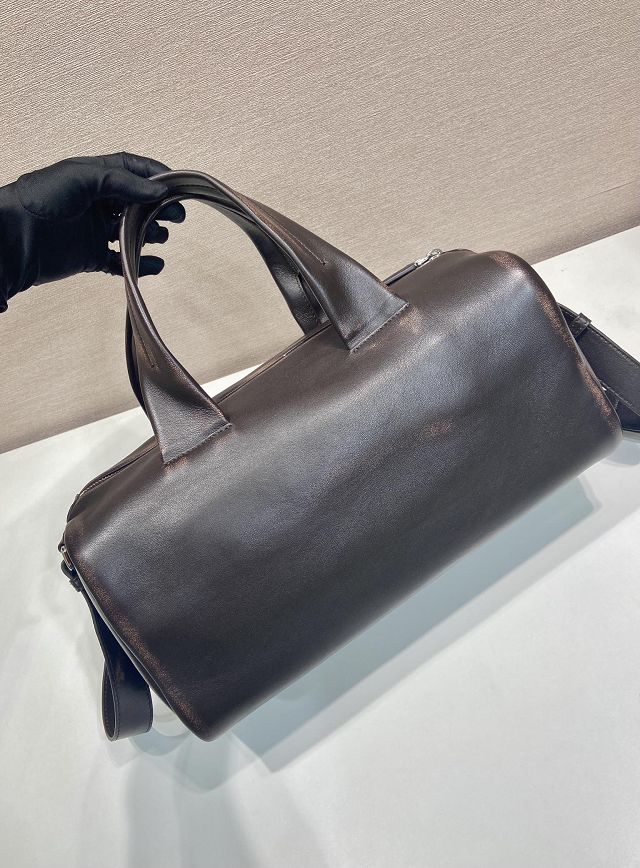 Prada original calfskin duffle bag 2VC046 dark brown