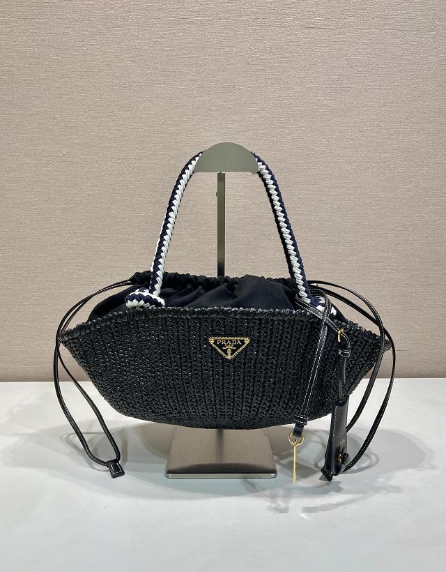 Prada original raffia crochet basket bag 1BA463 black