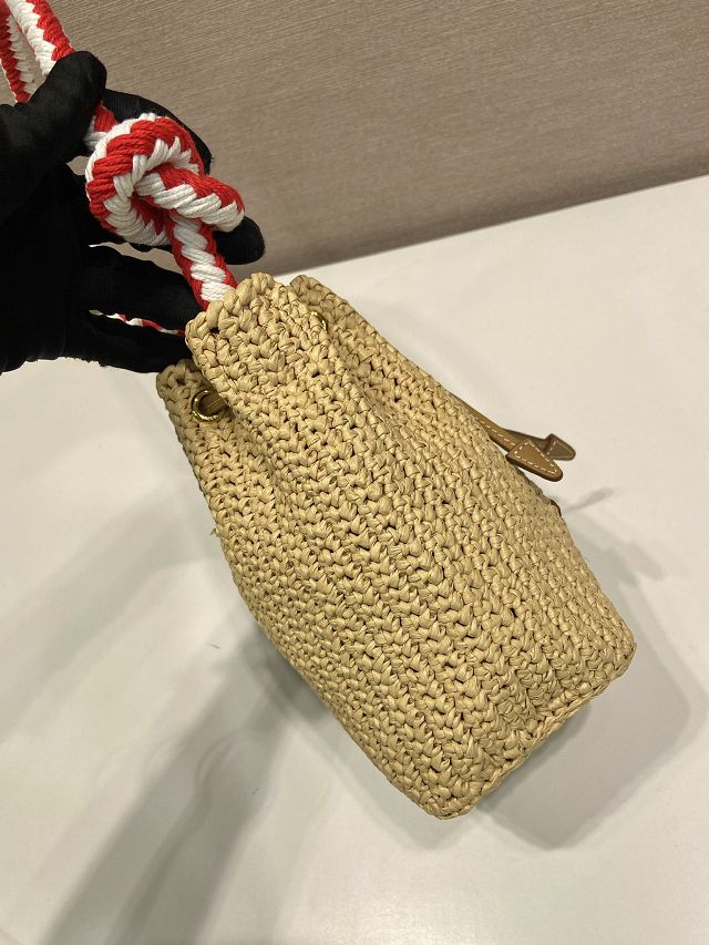 Prada original raffia mini crochet bucket bag 1BE068 beige