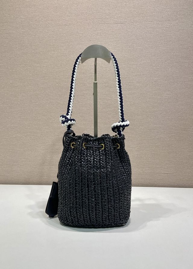 Prada original raffia mini crochet bucket bag 1BE068 black