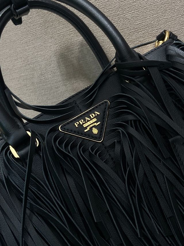 Prada original soft calfskin galleria small bag with fringe 1BA896 black