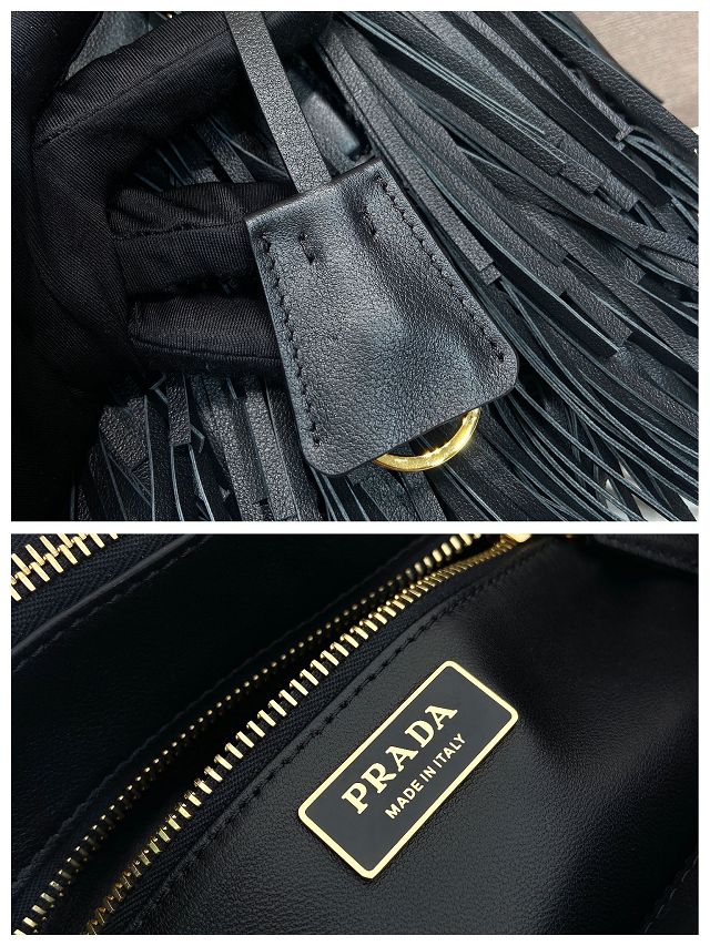 Prada original soft calfskin galleria small bag with fringe 1BA896 black