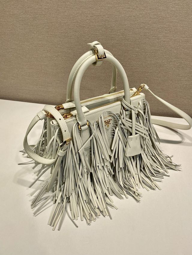 Prada original soft calfskin galleria small bag with fringe 1BA896 white
