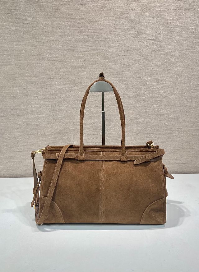 Prada original suede bonnie large tote bag 1BA433 dark brown