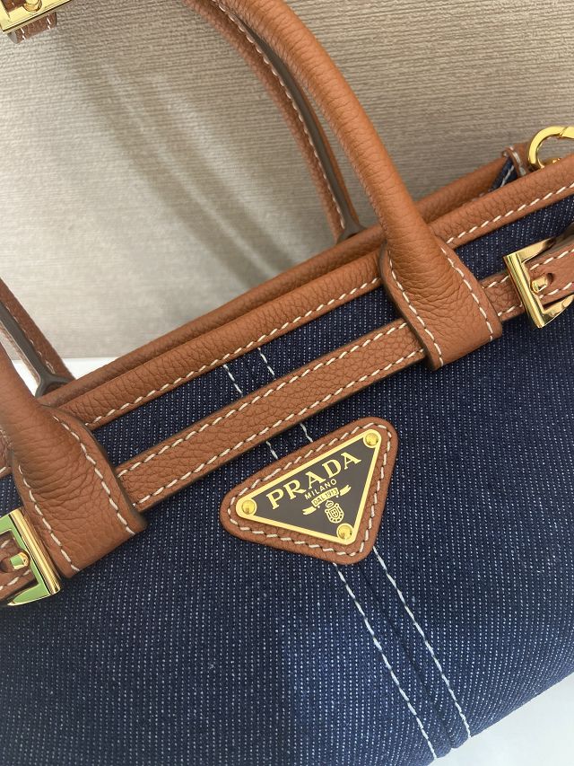 Prada original denim bonnie mini tote bag 1BA486 blue&brown