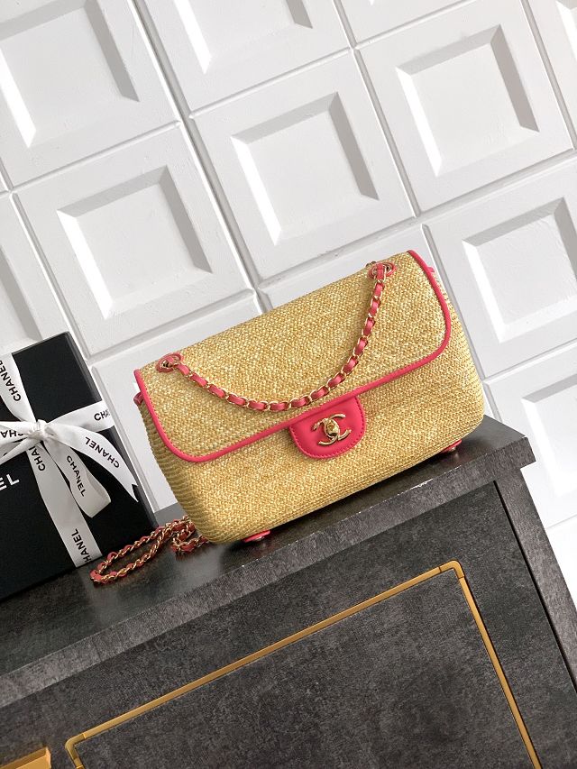 CC original straw medium flap bag AS6018 beige&rose