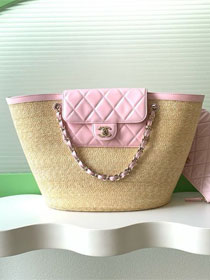 CC original straw large tote bag AS5952 beige&pink