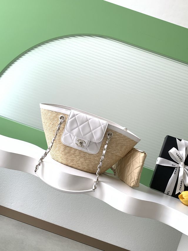 CC original straw small tote bag AS5951 beige&white