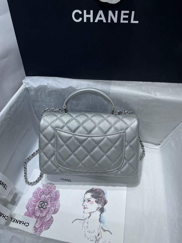 CC original grained calfskin top handle flap bag AS2431 silver