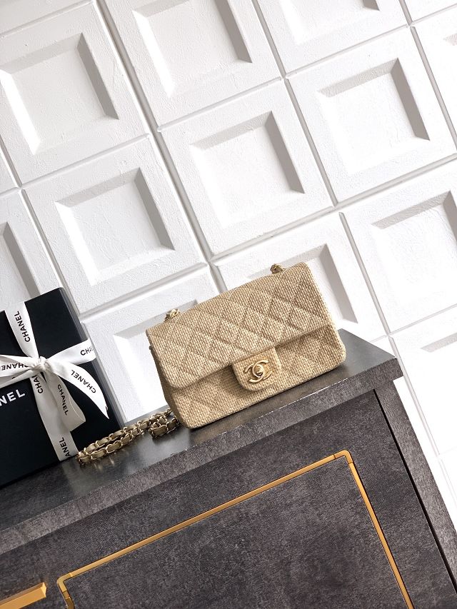 CC original straw mini flap bag A69900 apricot