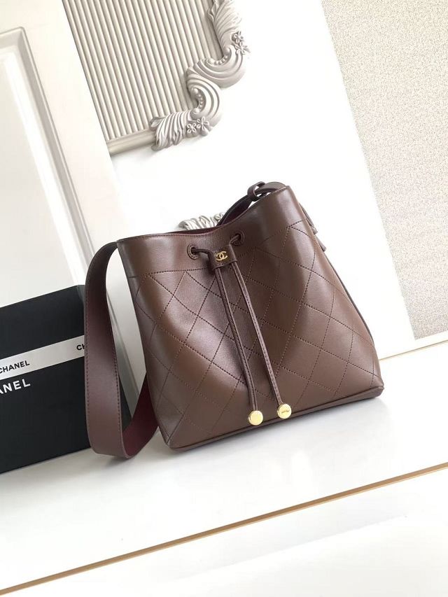 CC calfskin small bucket bag AS6584 dark brown