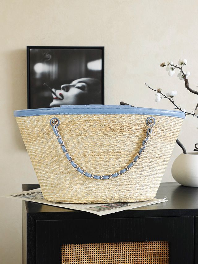 CC straw large tote bag AS5952 beige&blue