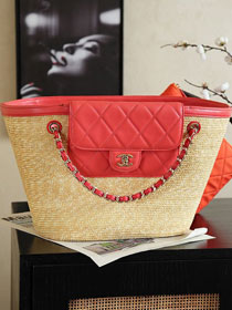 CC straw large tote bag AS5952 beige&red