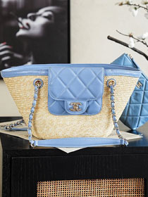 CC straw small tote bag AS5951 beige&blue
