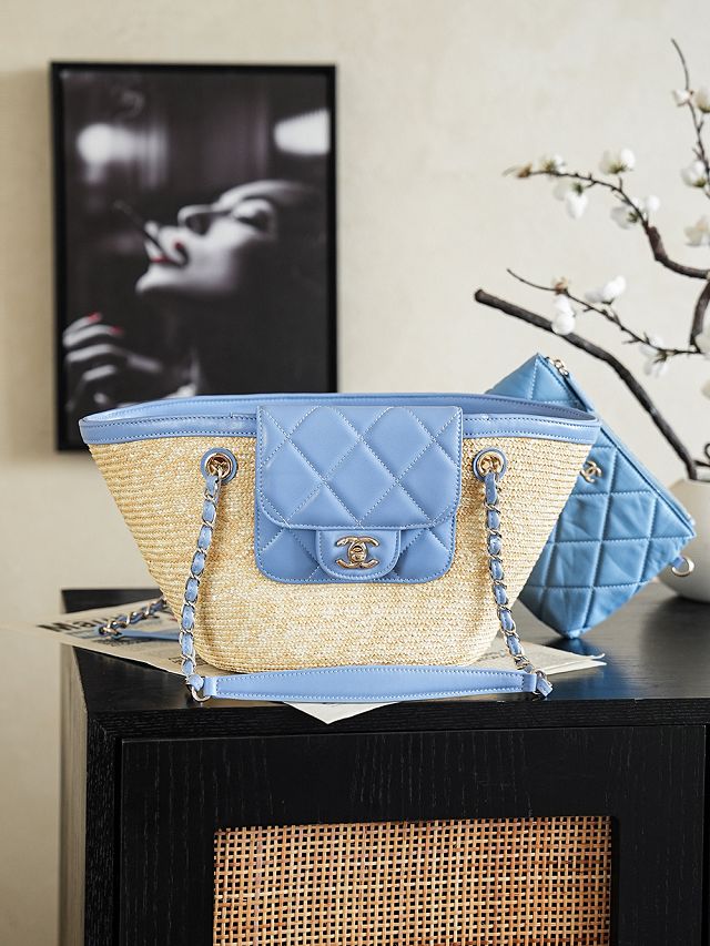 CC straw small tote bag AS5951 beige&blue
