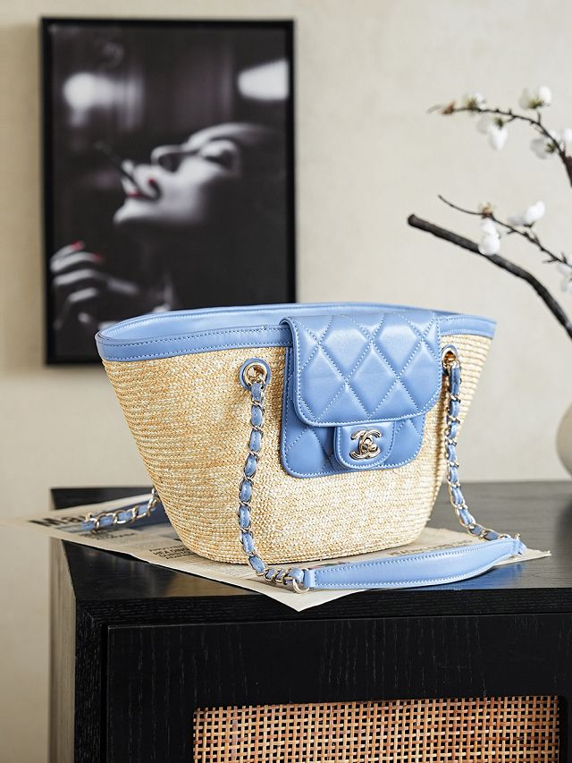 CC straw small tote bag AS5951 beige&blue