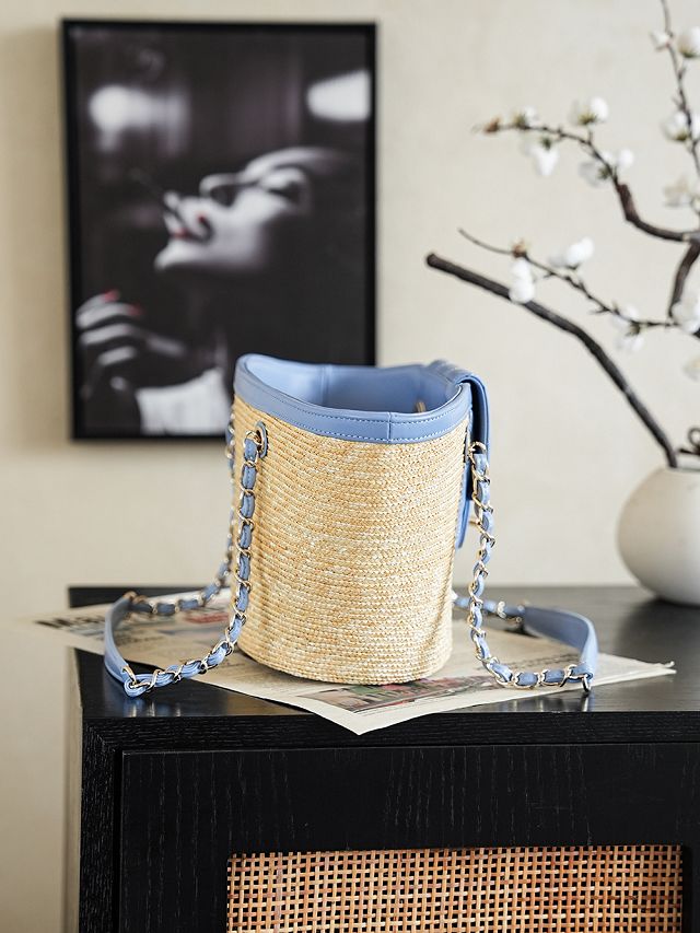 CC straw small tote bag AS5951 beige&blue