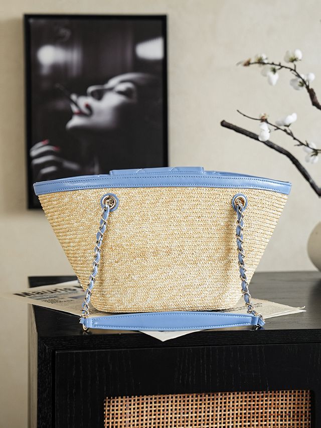 CC straw small tote bag AS5951 beige&blue