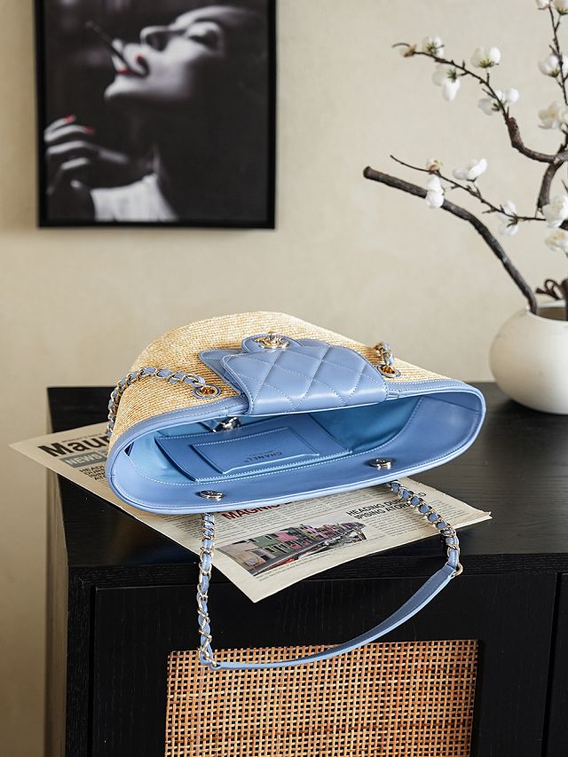 CC straw small tote bag AS5951 beige&blue
