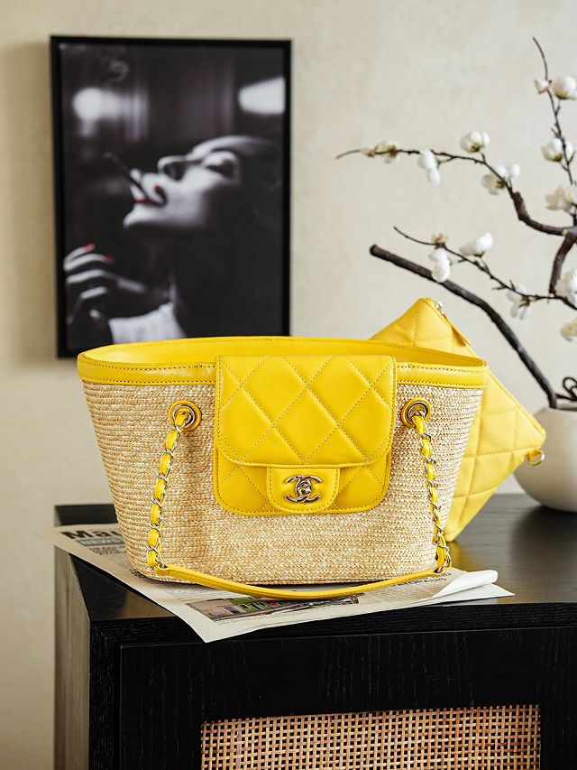 CC straw small tote bag AS5951 beige&yellow