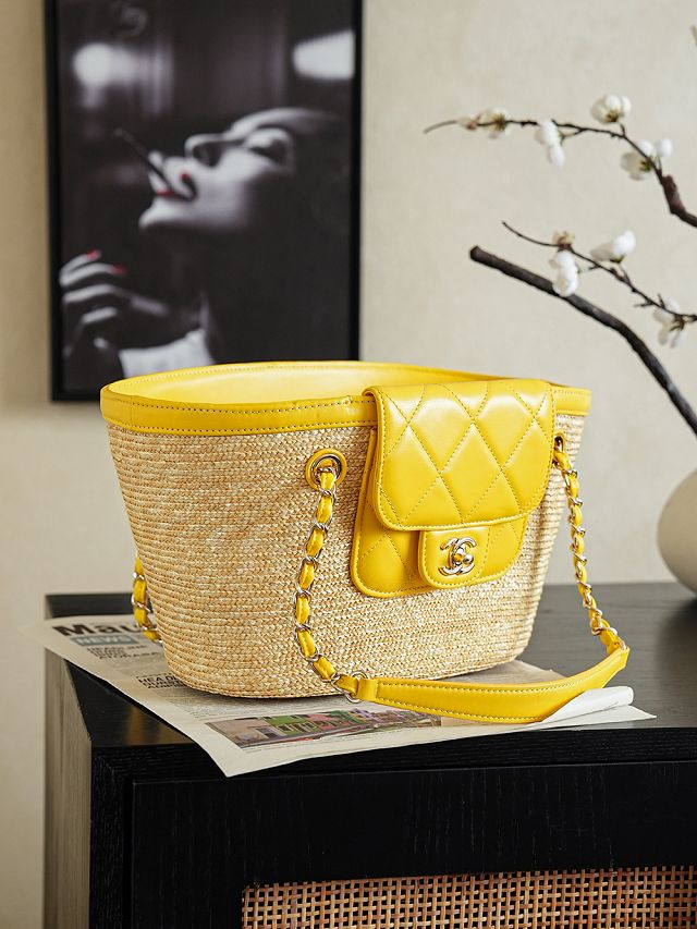 CC straw small tote bag AS5951 beige&yellow