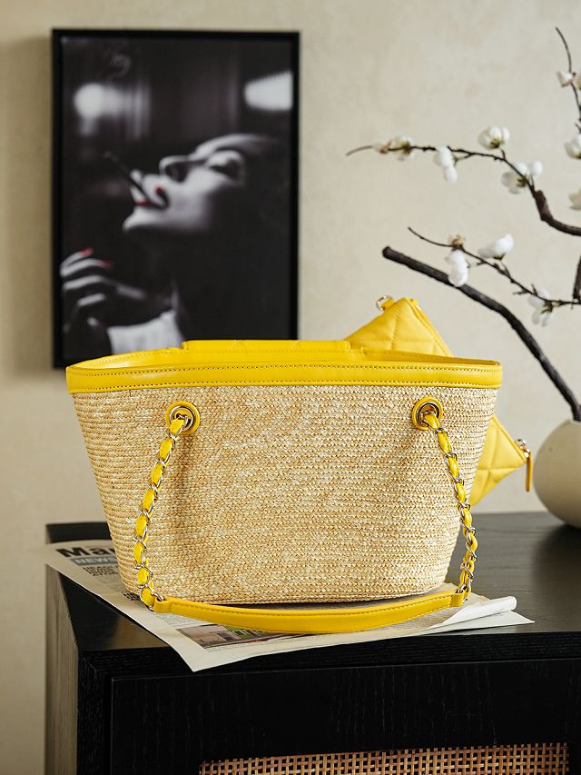 CC straw small tote bag AS5951 beige&yellow