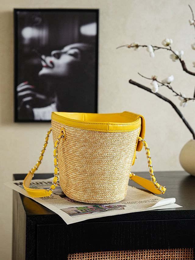 CC straw small tote bag AS5951 beige&yellow