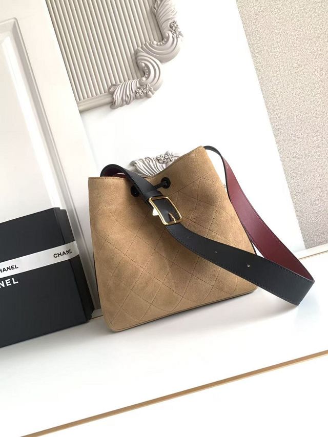 CC suede calfskin small bucket bag AS6584 dark beige