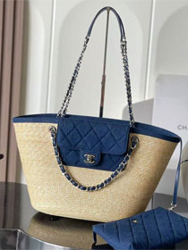 CC straw large tote bag AS5952 denim blue