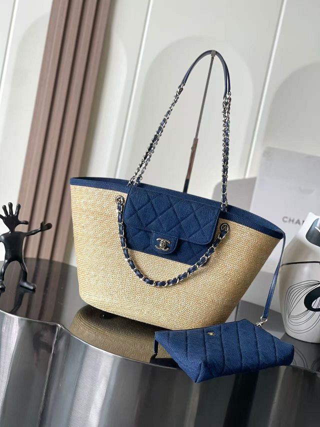 CC straw large tote bag AS5952 denim blue