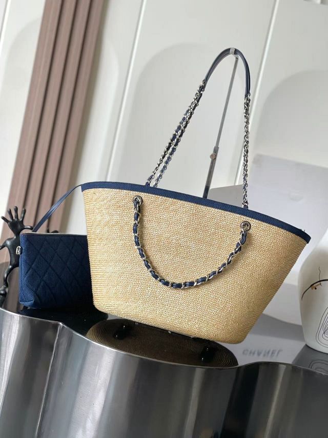 CC straw large tote bag AS5952 denim blue