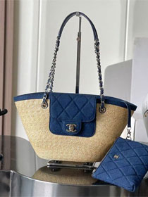 CC straw small tote bag AS5951 denim blue