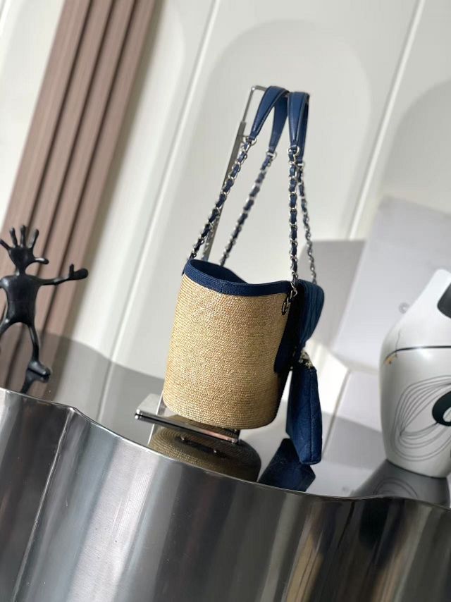 CC straw small tote bag AS5951 denim blue