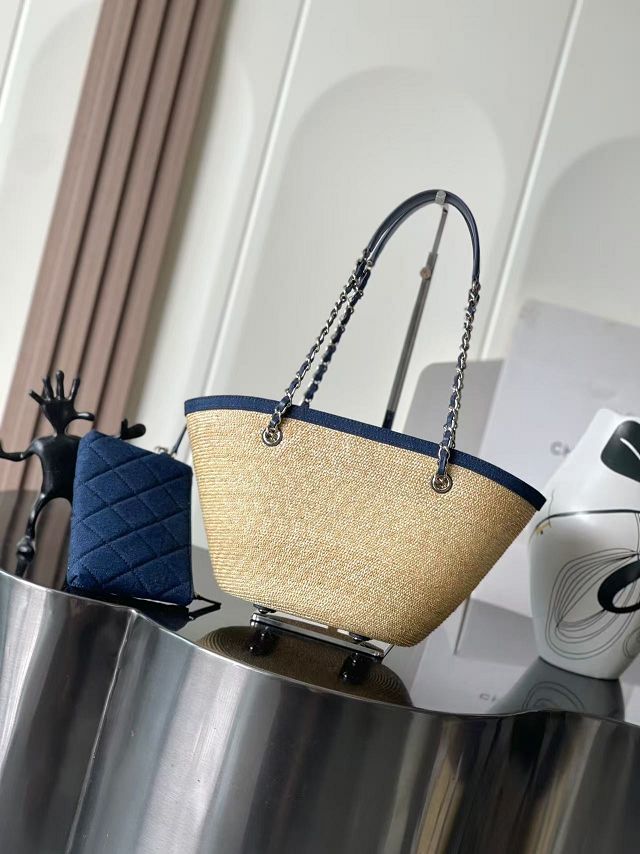 CC straw small tote bag AS5951 denim blue