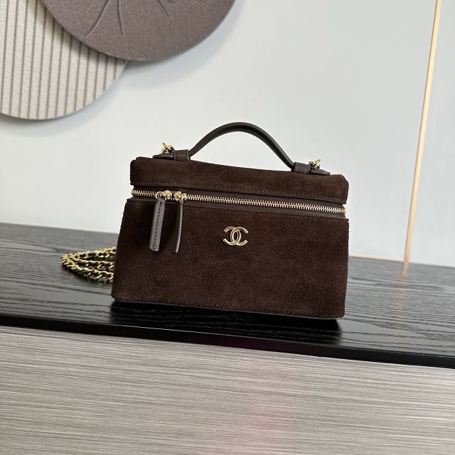 CC suede calfskin small vanity with chain AP5346 dark brown