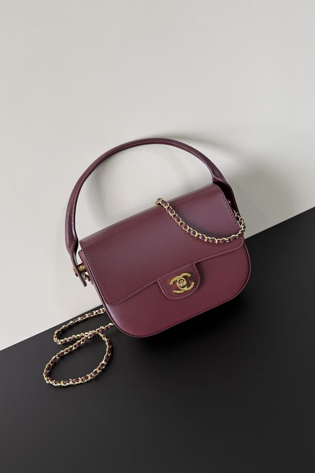 CC calfskin top handle mini flap bag AS6424 bordeaux