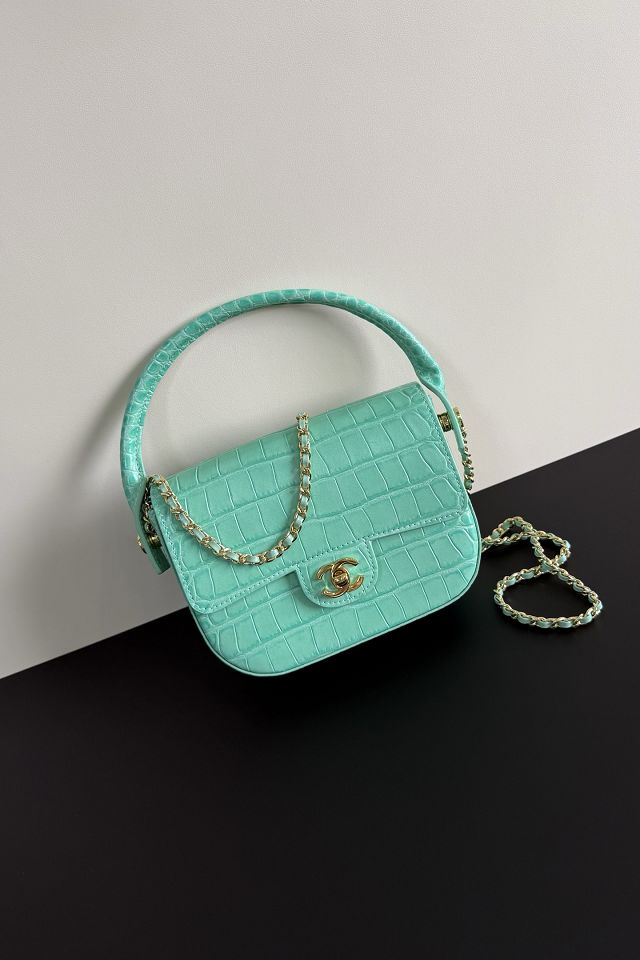 CC crocodile calfskin top handle mini flap bag AS6424 mint green
