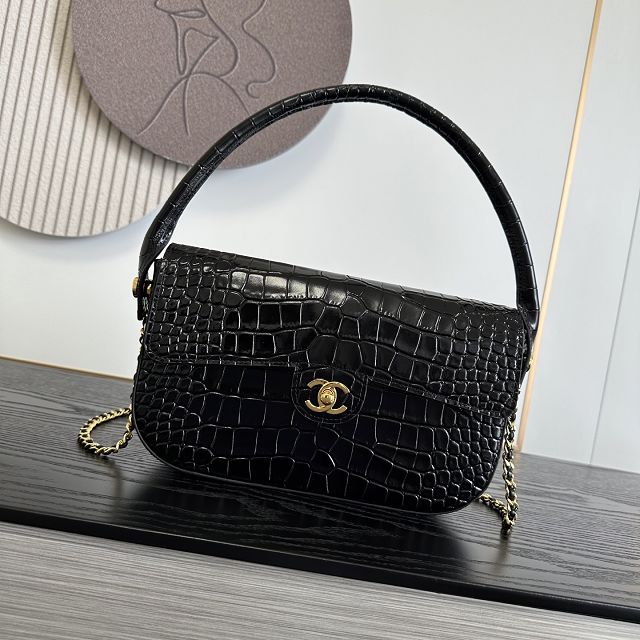 CC crocodile calfskin top handle small flap bag AS6425 black