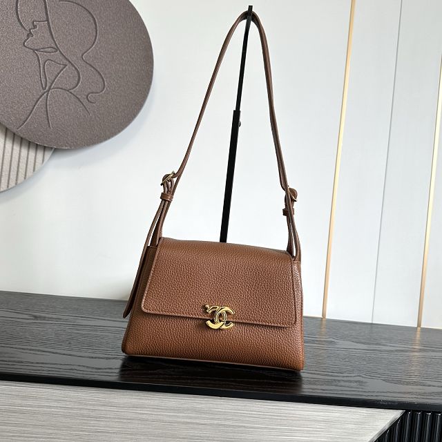 CC grained calfskin small flap bag AS6489 brown