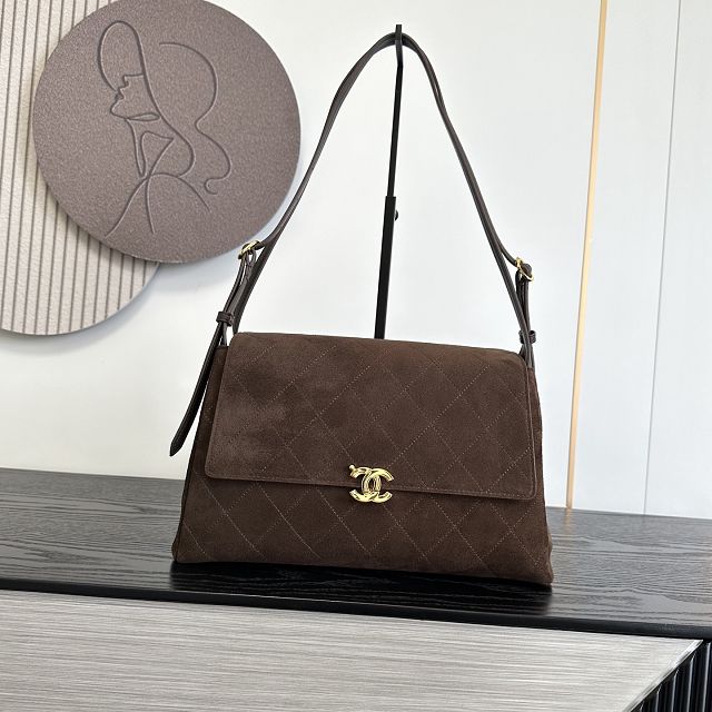 CC suede calfskin maxi flap bag AS6482 dark brown