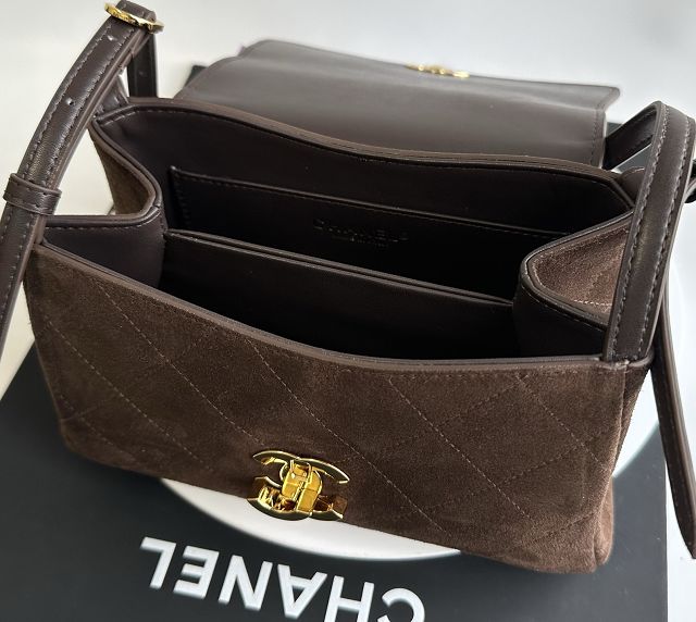 CC suede calfskin small flap bag AS6489 dark brown