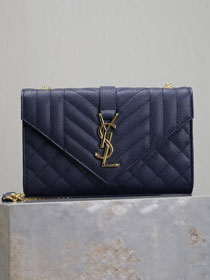 YSL original grained calfskin small envelope chain bag 526286 navy blue