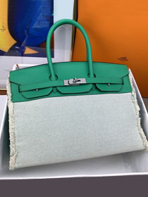 Hermes handmade original calfskin&canvas birkin bag BK00039 menthe