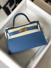 Hermes original epsom leather mini kelly 19 bag K0019 blue hydra